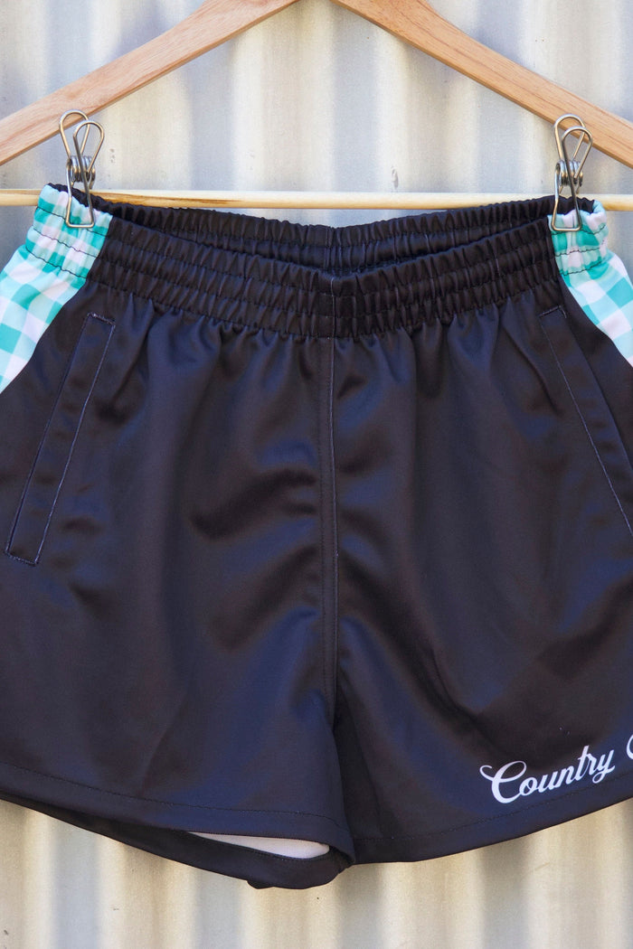 Footy Shorts - Black and Teal Gingham