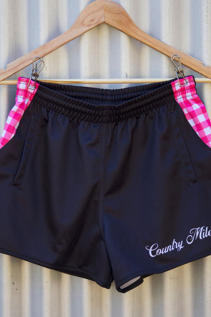 Footy Shorts - Black with Pink Gingham