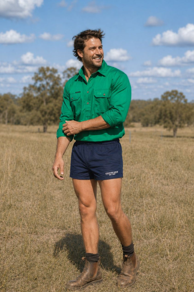 Person wearing Country Mile work shorts outdoors in Australian summer