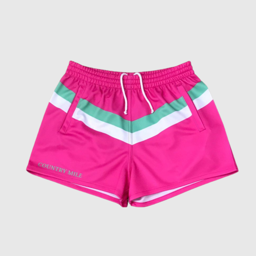 Rugby Shorts - Pink with White and Teal Stripe