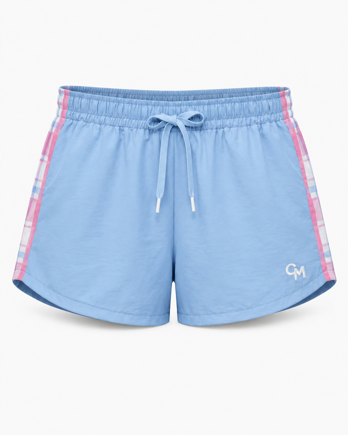 Light blue athletic shorts with a pink and white plaid side stripe, a matching blue drawstring waist, and a small white 'CM' logo on the lower left leg.