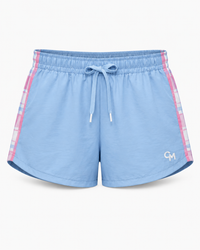 Light blue athletic shorts with a pink and white plaid side stripe, a matching blue drawstring waist, and a small white 'CM' logo on the lower left leg.