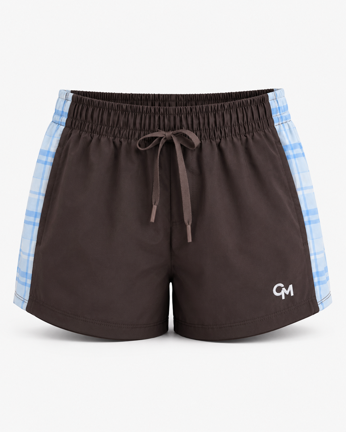 Brown athletic shorts with a white drawstring, blue and white  plaid pattern on the sides, featuring a small white 'CM' logo on the lower left leg.
