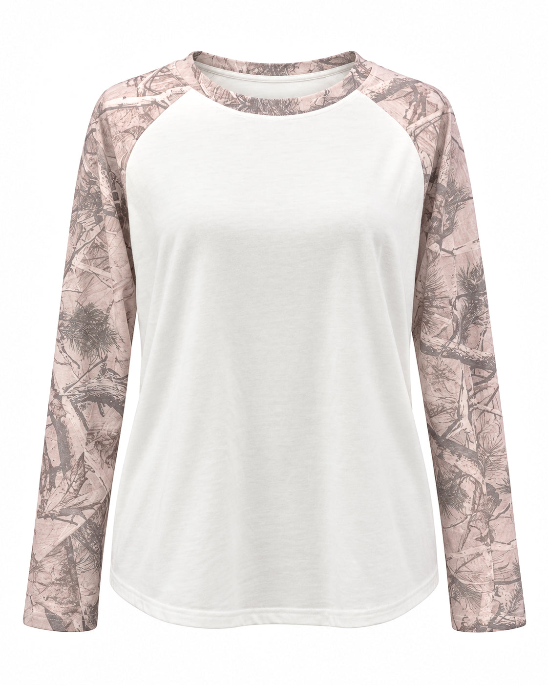 A women's long-sleeve raglan top with a solid white body and sleeves featuring a dusty pink and brown tree-branch camouflage pattern, shown on a plain white background.
