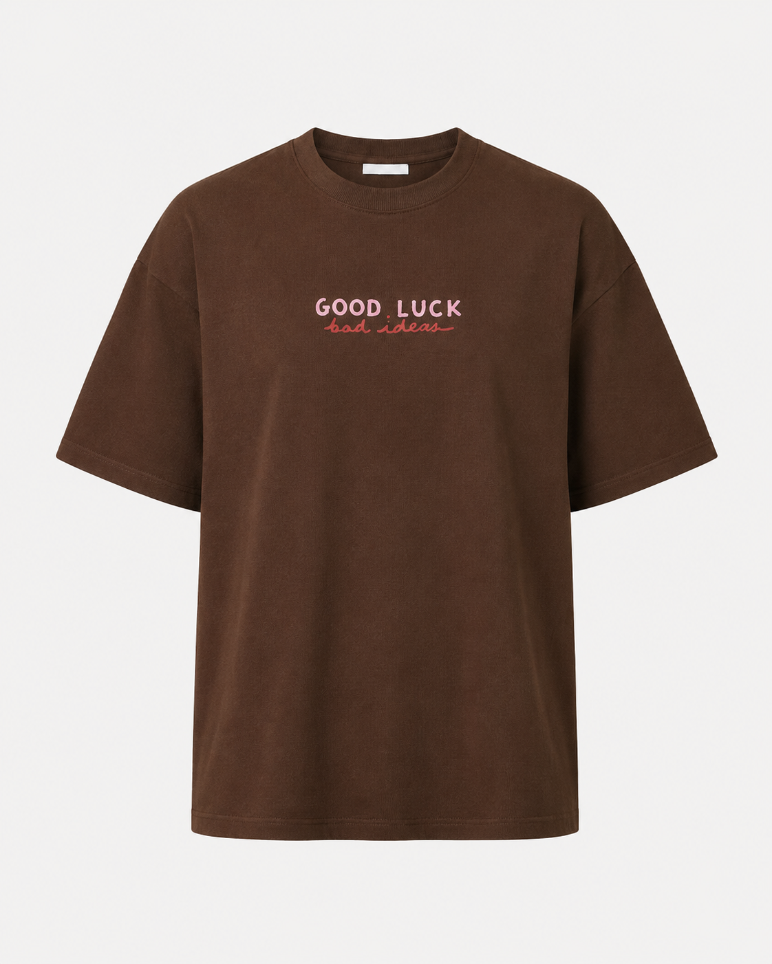 A brown short-sleeve crewneck t-shirt with 'GOOD LUCK' printed in white and 'bad luck' in red across the chest, displayed on a clean white background.