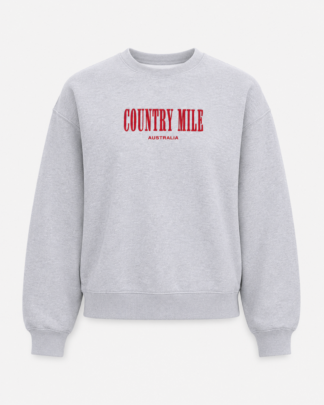 A light gray heather crewneck sweatshirt with 'COUNTRY MILE' printed in red across the chest and 'AUSTRALIA' in smaller red text below, shown against a light gray background.