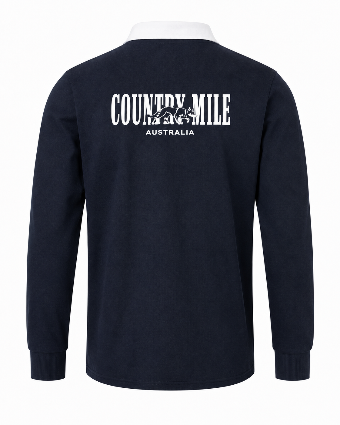 A navy blue long-sleeve shirt shown from the back, featuring a white graphic print that reads 'COUNTRY MILE AUSTRALIA' with a small illustration in the center.