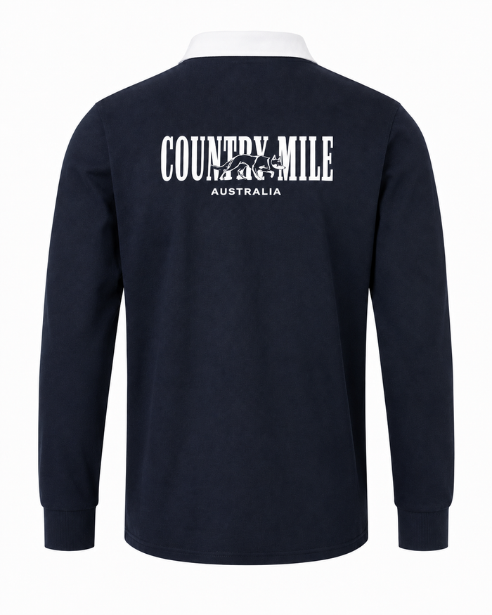A navy blue long-sleeve shirt shown from the back, featuring a white graphic print that reads 'COUNTRY MILE AUSTRALIA' with a small illustration in the center.