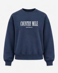 A navy blue crewneck sweatshirt with 'COUNTRY MILE AUSTRALIA' printed in white across the chest, displayed on a clean white background.