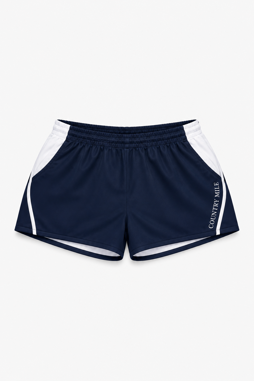 Navy blue athletic shorts with white side panels and white piping, featuring the brand name 'COUNTRY MILE' printed vertically on the lower right leg, shown against a plain light gray background.