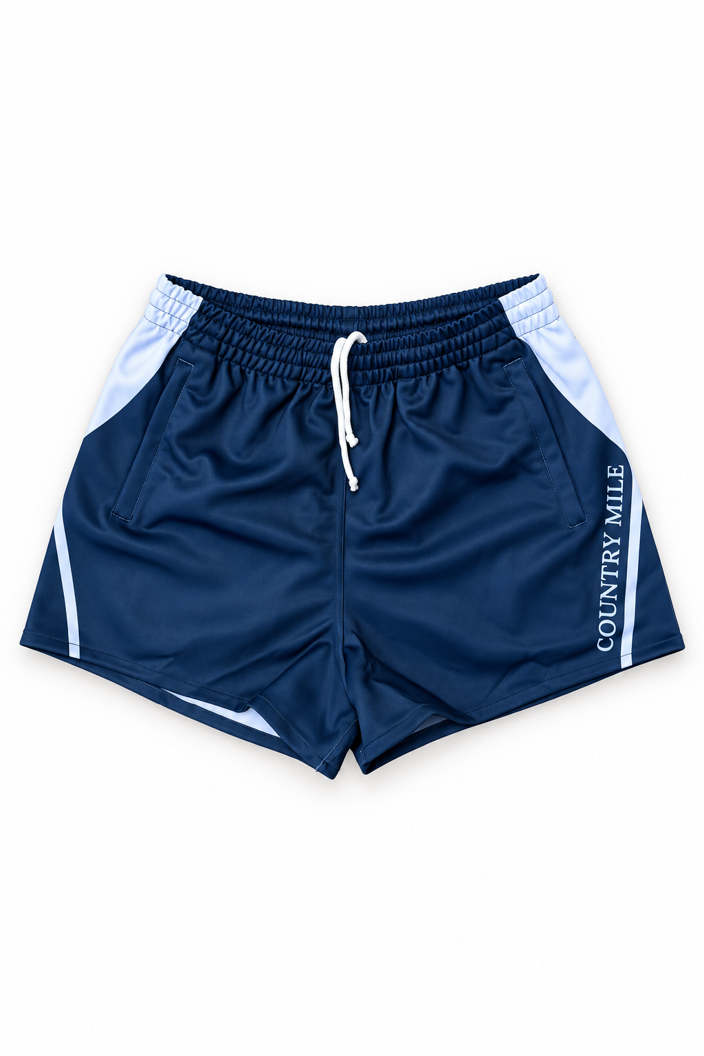 Navy blue athletic shorts with white side panels, a white drawstring, and 'COUNTRY MILE' printed vertically in white on the left leg, shown against a plain white background.