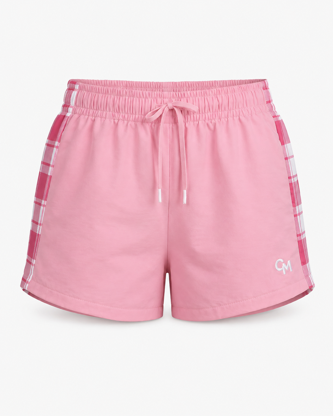 Pink athletic shorts with a white drawstring, white piping along the side seams, and a pink-and-white plaid pattern on the sides, featuring a small white 'CM' logo on the lower left leg.