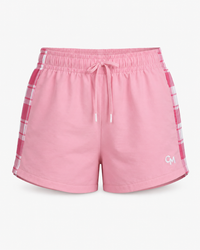 Pink athletic shorts with a white drawstring, white piping along the side seams, and a pink-and-white plaid pattern on the sides, featuring a small white 'CM' logo on the lower left leg.