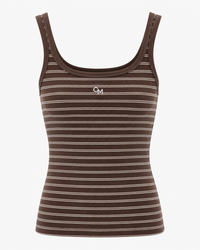 A brown ribbed tank top with thin white horizontal stripes and a small white 'CM' logo on the chest, displayed against a light gray background.