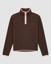 Flat lay of the Tilly Fleece in brown with pink trim, standing collar and snap button placket