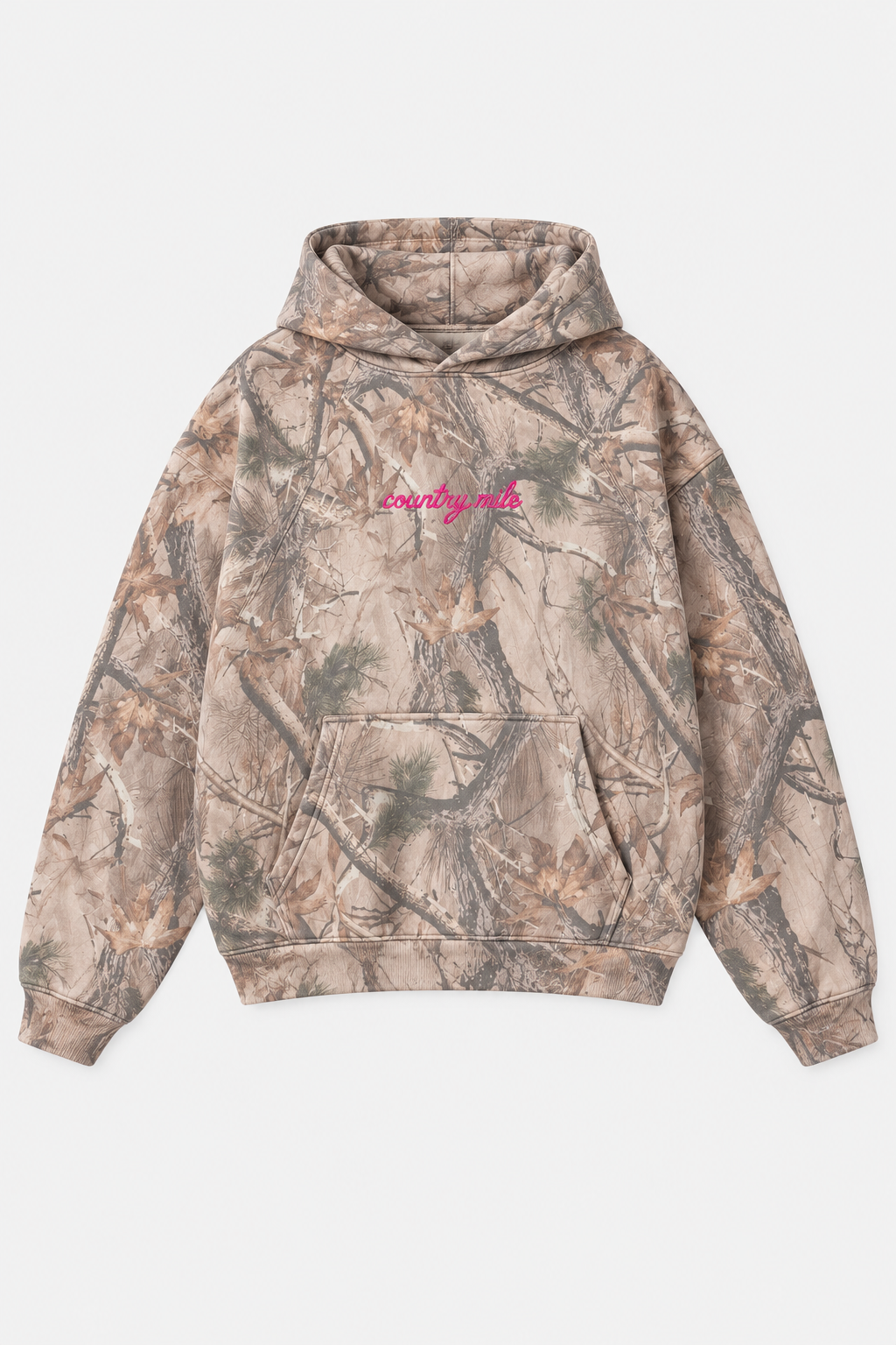 A camouflage hoodie in shades of brown, beige, and gray with a small pink script logo on the chest, displayed flat against a light gray background.