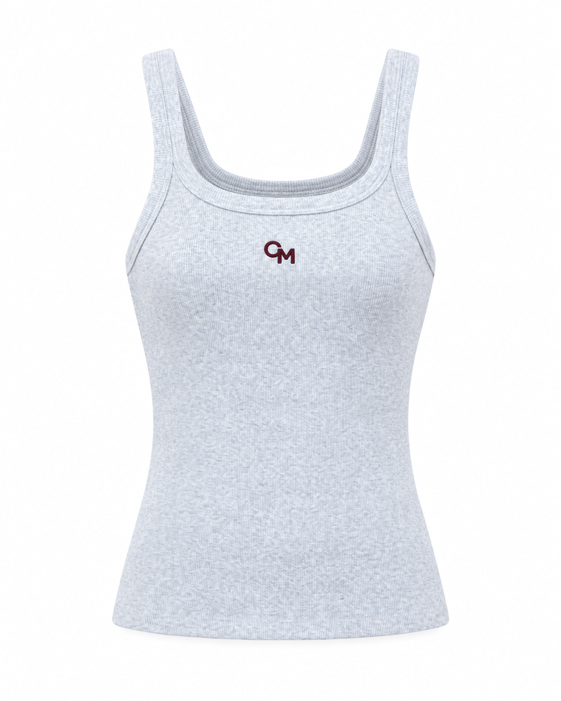 A light heather gray sleeveless tank top with a scoop neck and a small dark red 'CM' logo on the center chest, displayed on a solid white background.