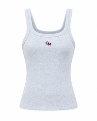 A light heather gray sleeveless tank top with a scoop neck and a small dark red 'CM' logo on the center chest, displayed on a solid white background.